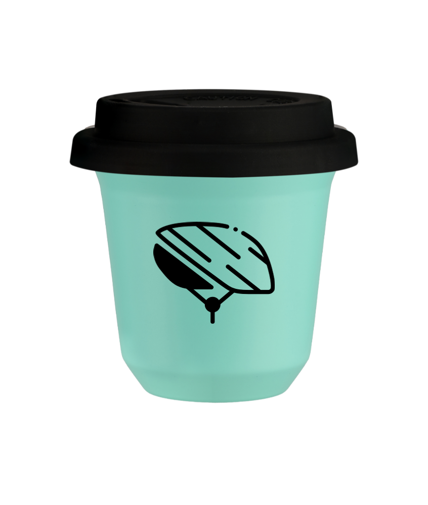 Tasse 80 ml TURQUOISE "Casque (noir)", avec couvercle noir