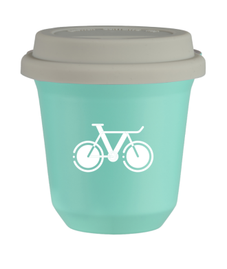 Tasse 80 ml TURQUOISE "Vélo 1 (blanc)", avec couvercle blanc Tasse 80 ml TURQUOISE "Vélo 1 (blanc)", avec couvercle blanc