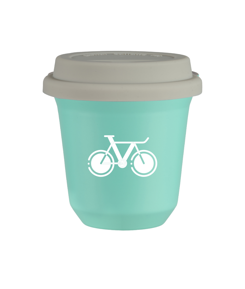 Tasse 80 ml TURQUOISE "Vélo 1 (blanc)", avec couvercle blanc