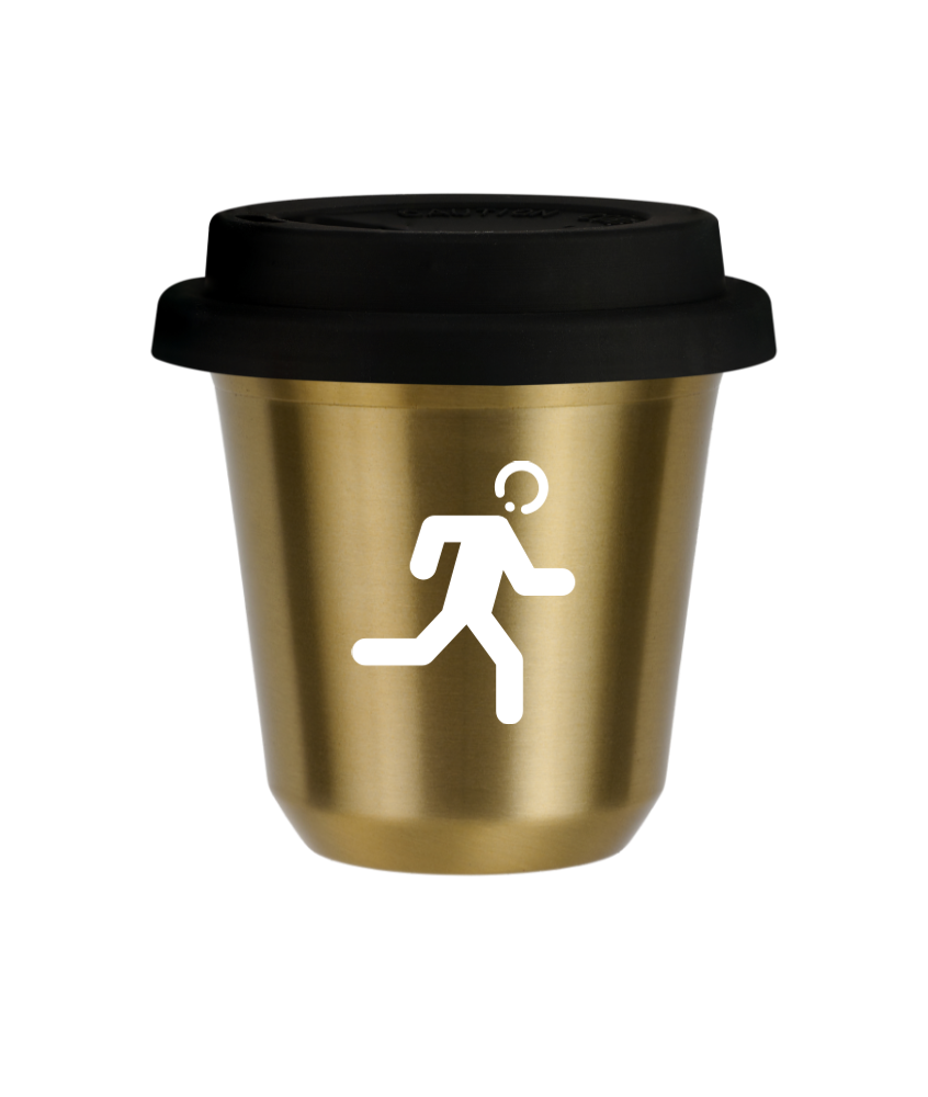 Tasse 240 ml OR "Coureur (blanc)", avec couvercle noir Tasse 240 ml OR "Coureur (blanc)", avec couvercle noir