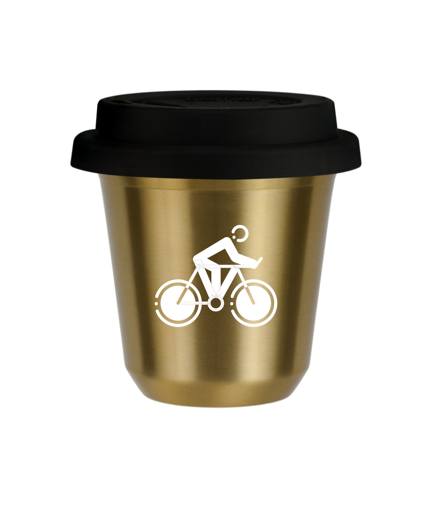 Tasse 240 ml OR "Cyclisme 2 (blanc)", avec couvercle noir Tasse 240 ml OR "Cyclisme 2 (blanc)", avec couvercle noir