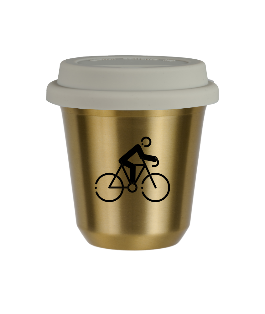 Tasse 240 ml OR "Cyclisme 3", avec couvercle blanc Tasse 240 ml OR "Cyclisme 3", avec couvercle blanc