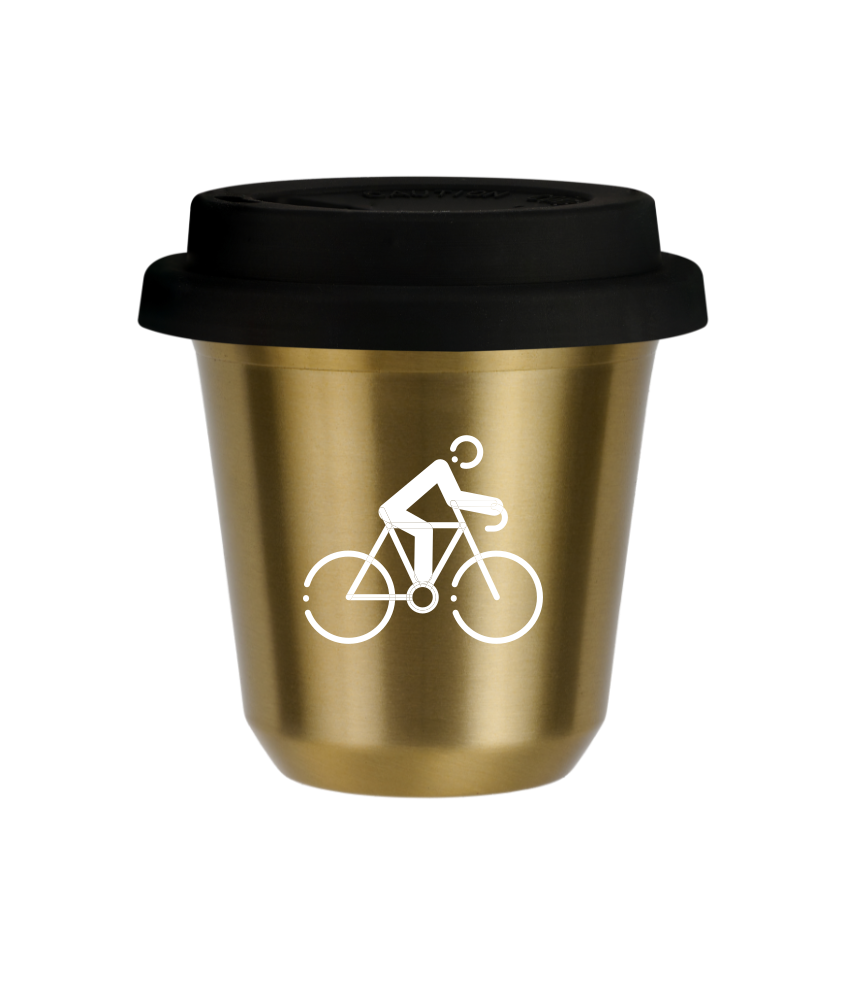 Tasse 240 ml OR "Cyclisme 3 (blanc)", avec couvercle noir Tasse 240 ml OR "Cyclisme 3 (blanc)", avec couvercle noir