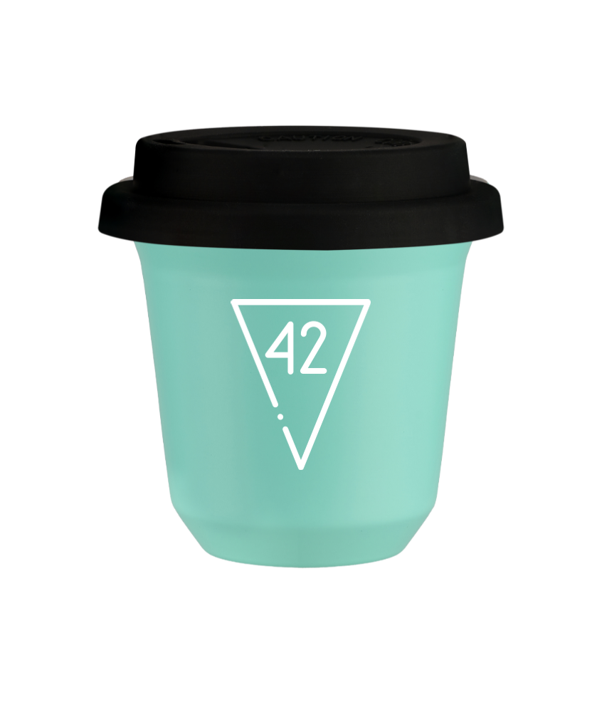 Tasse 80 ml TURQUOISE "42 (blanc)", avec couvercle noir