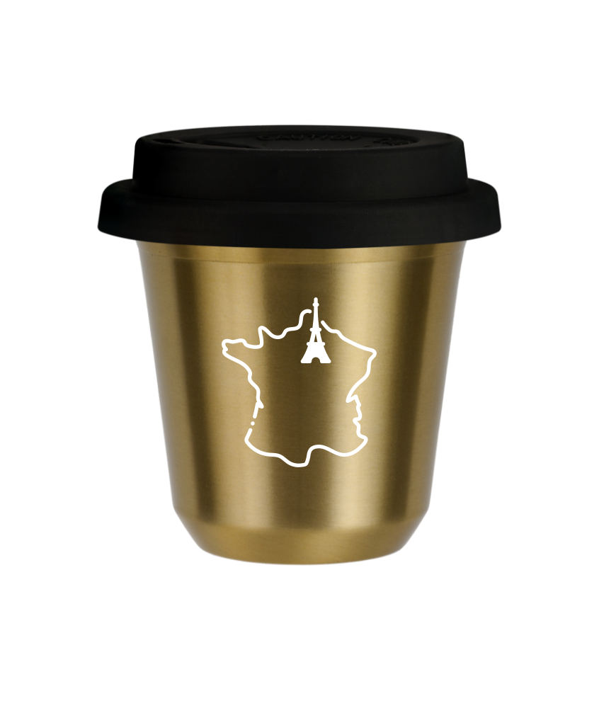Tasse 240 ml OR "France (blanc)", avec couvercle noir Tasse 240 ml OR "France (blanc)", avec couvercle noir