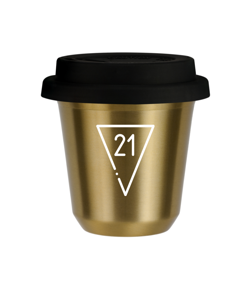 Tasse 240 ml OR "21 (blanc)", avec couvercle noir Tasse 240 ml OR "21 (blanc)", avec couvercle noir