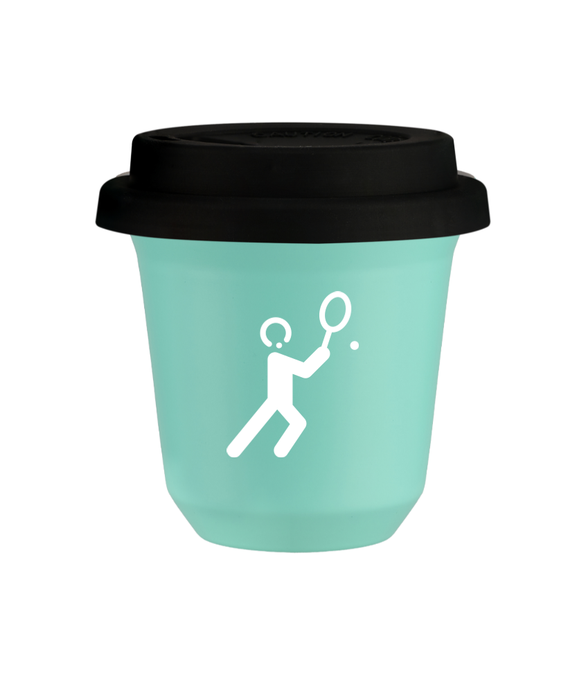 Tasse 240 ml TURQUOISE "Tennis 1 (blanc)", avec couvercle noir Tasse 240 ml TURQUOISE "Tennis 1 (blanc)", avec couvercle noir