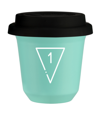 Tasse 80 ml TURQUOISE "1 (blanc)", avec couvercle noir Tasse 80 ml TURQUOISE "1 (blanc)", avec couvercle noir