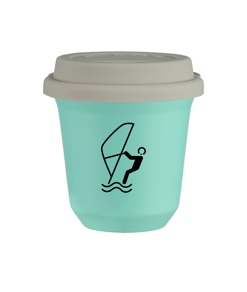 Tasse 240 ml TURQUOISE "Sports nautiques (noir)", avec couvercle blanc