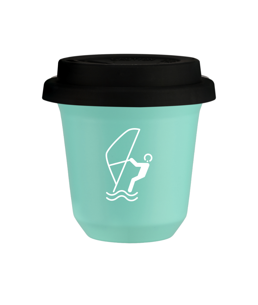 Tasse 240 ml TURQUOISE "Sports nautiques (blanc)", avec couvercle noir Tasse 240 ml TURQUOISE "Sports nautiques (blanc)", avec couvercle noir