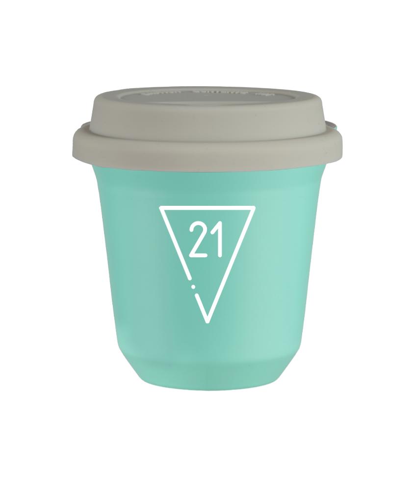 Tasse 80 ml TURQUOISE "21 (blanc)", avec couvercle blanc
