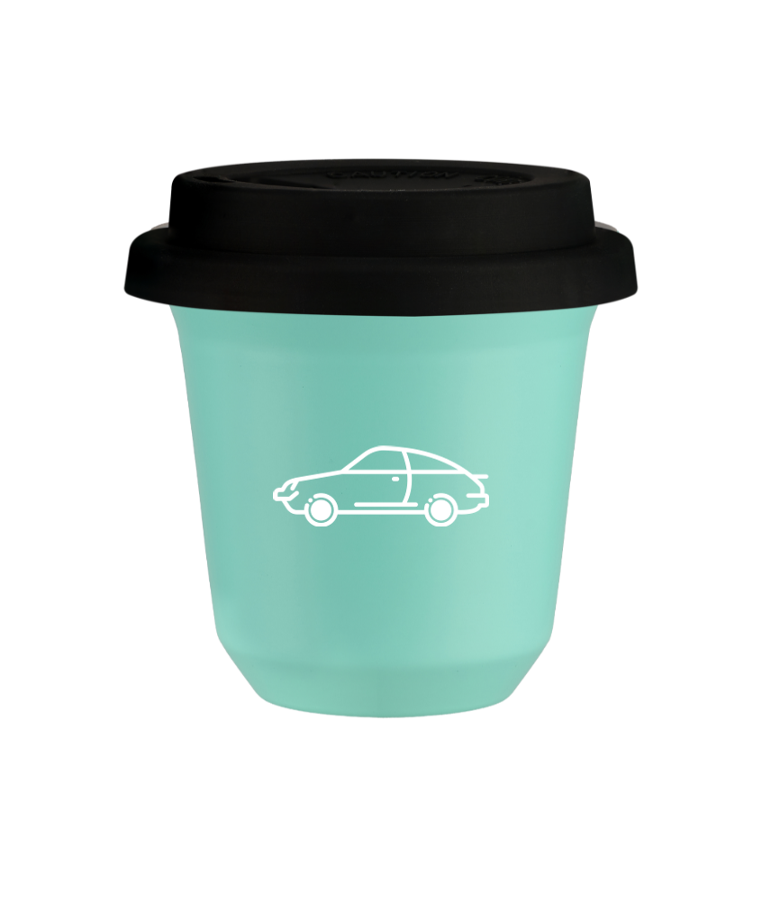 Tasse 240 ml TURQUOISE "Voiture (blanc)", avec couvercle noir Tasse 240 ml TURQUOISE "Voiture (blanc)", avec couvercle noir