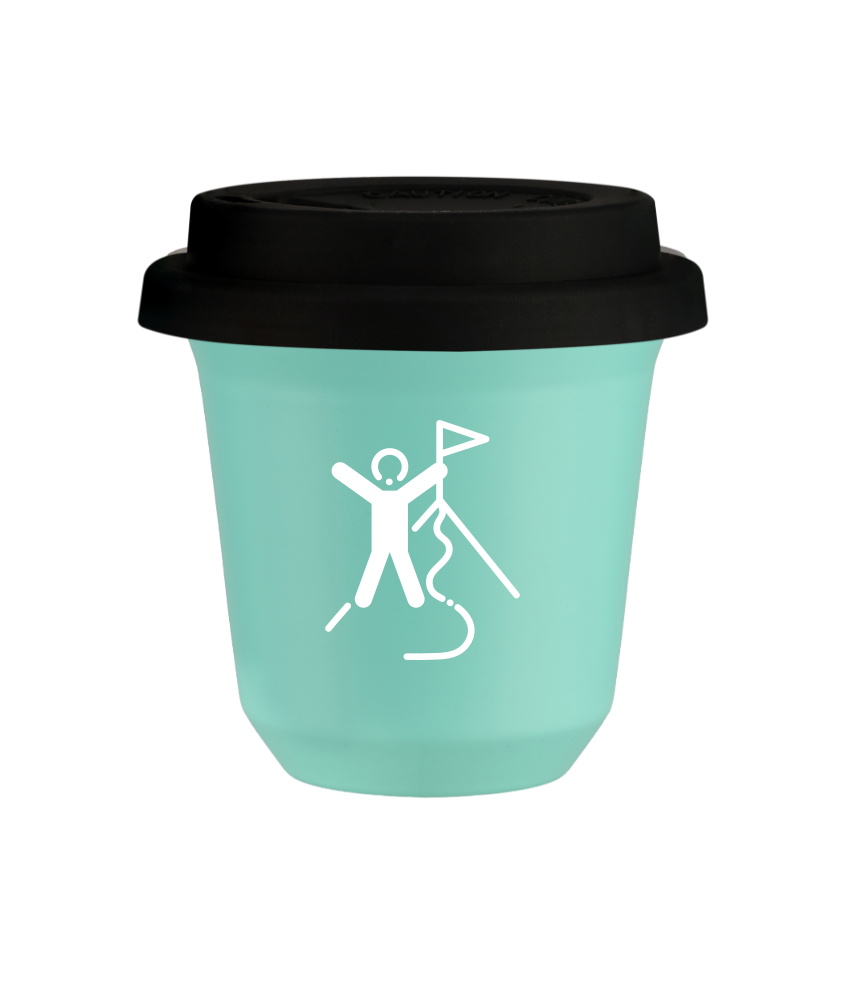 Tasse 240 ml TURQUOISE "Escalade 1 (blanc)", avec couvercle noir Tasse 240 ml TURQUOISE "Escalade 1 (blanc)", avec couvercle noir