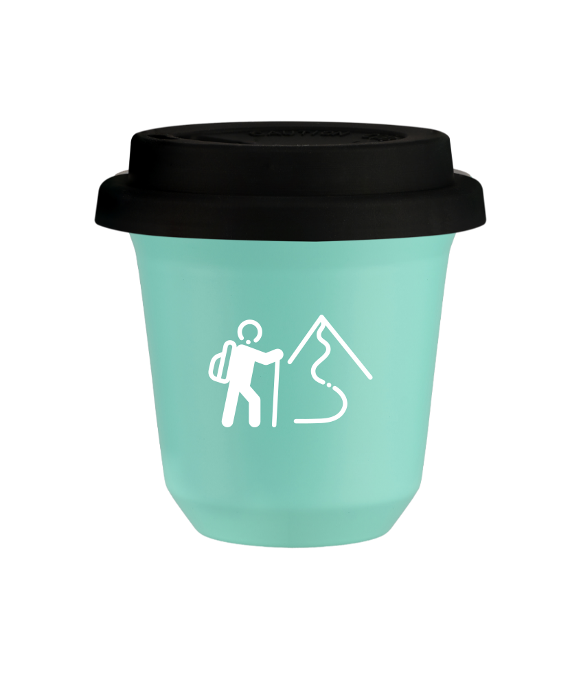 Tasse 240 ml TURQUOISE "Escalade 2 (blanc)", avec couvercle noir Tasse 240 ml TURQUOISE "Escalade 2 (blanc)", avec couvercle noir