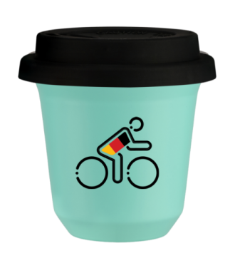 Tasse 240 ml TURQUOISE "Cycliste aux couleurs allemandes", avec couvercle noir Tasse 240 ml TURQUOISE "Cycliste aux couleurs allemandes", avec couvercle noir