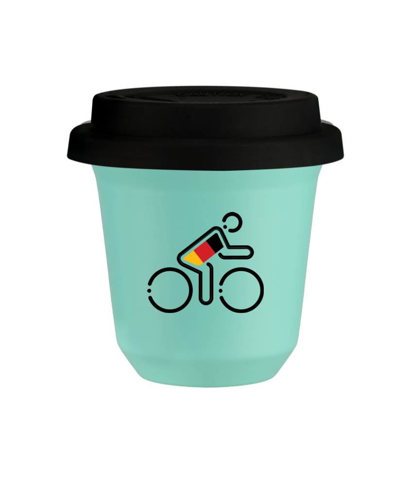 Tasse 240 ml TURQUOISE "Cycliste aux couleurs allemandes", avec couvercle noir Tasse 240 ml TURQUOISE "Cycliste aux couleurs allemandes", avec couvercle noir