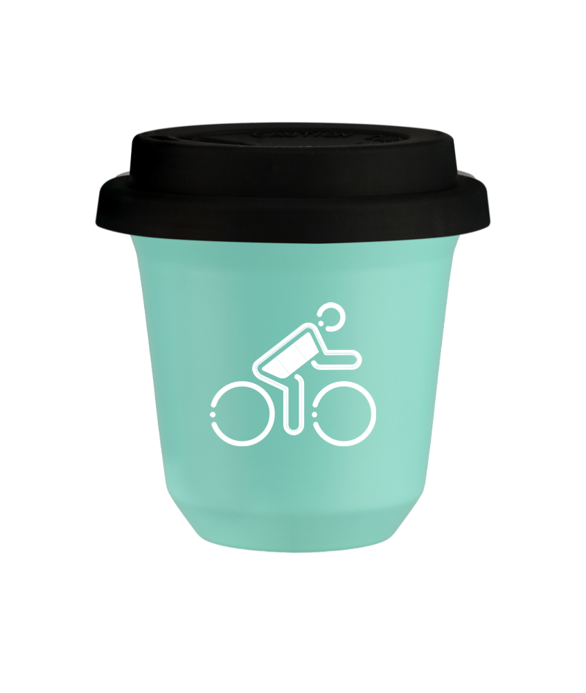 Tasse 240 ml TURQUOISE "Cycliste aux couleurs allemandes (blanc)", avec couvercle noir