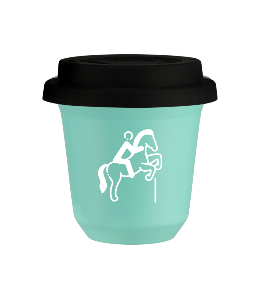 Tasse 240 ml TURQUOISE "Équitation 1 (blanc)", avec couvercle noir