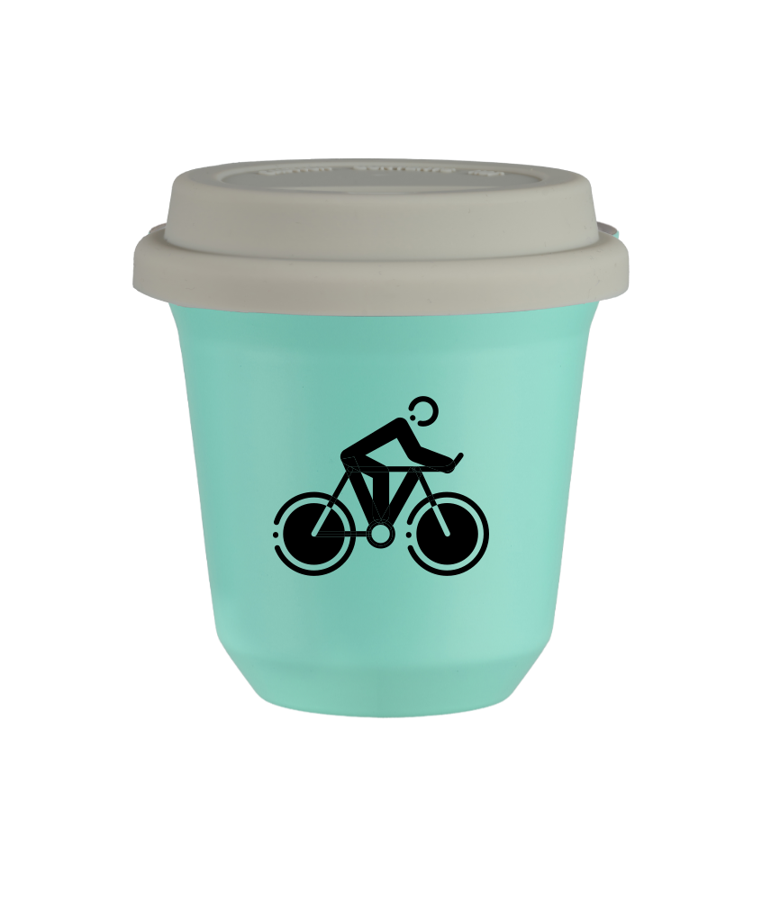 Tasse 240 ml TURQUOISE "Cyclisme 2", avec couvercle blanc