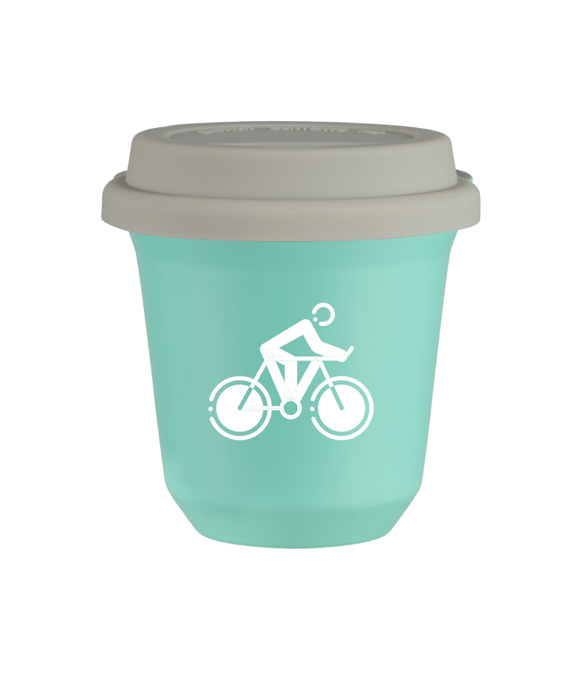 Tasse 240 ml TURQUOISE "Cyclisme 2 (blanc)", avec couvercle blanc