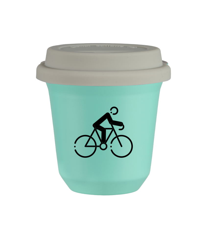 Tasse 240 ml TURQUOISE "Cyclisme 3", avec couvercle blanc Tasse 240 ml TURQUOISE "Cyclisme 3", avec couvercle blanc