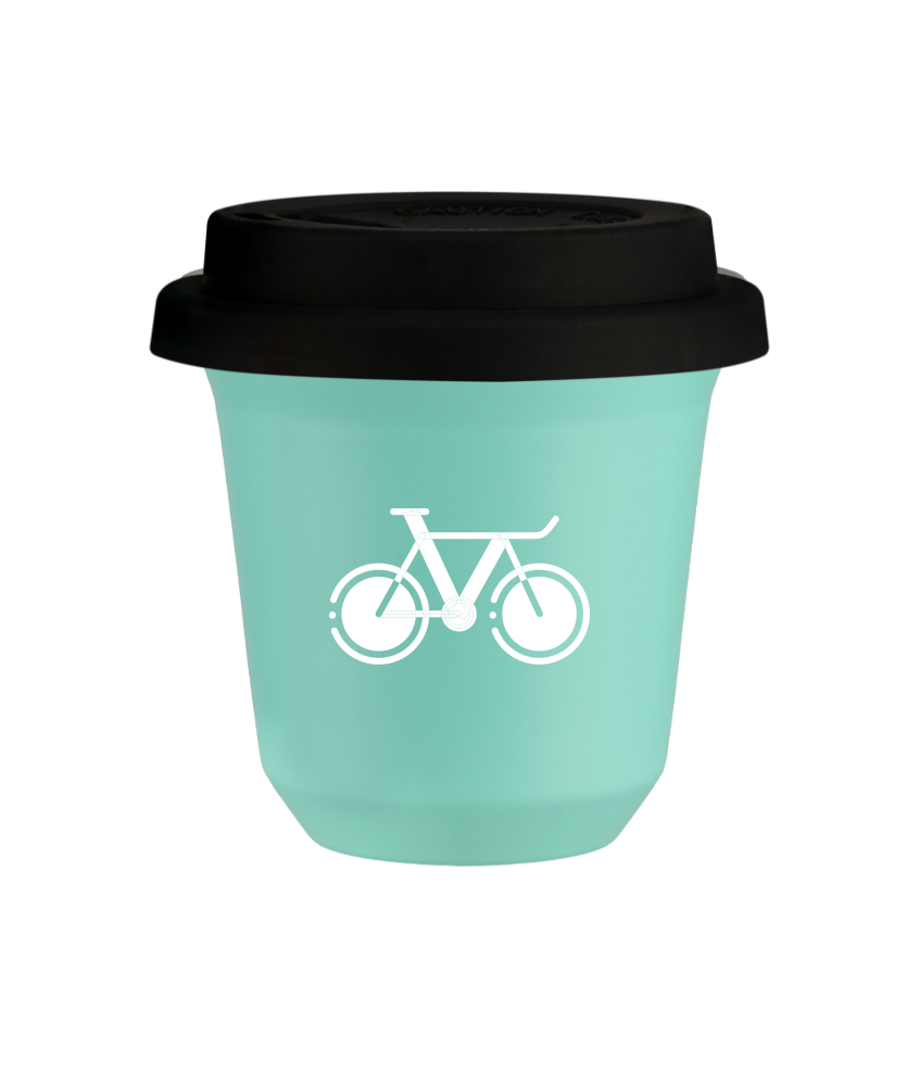 Tasse 240 ml TURQUOISE "Vélo 1 (blanc)", avec couvercle noir Tasse 240 ml TURQUOISE "Vélo 1 (blanc)", avec couvercle noir