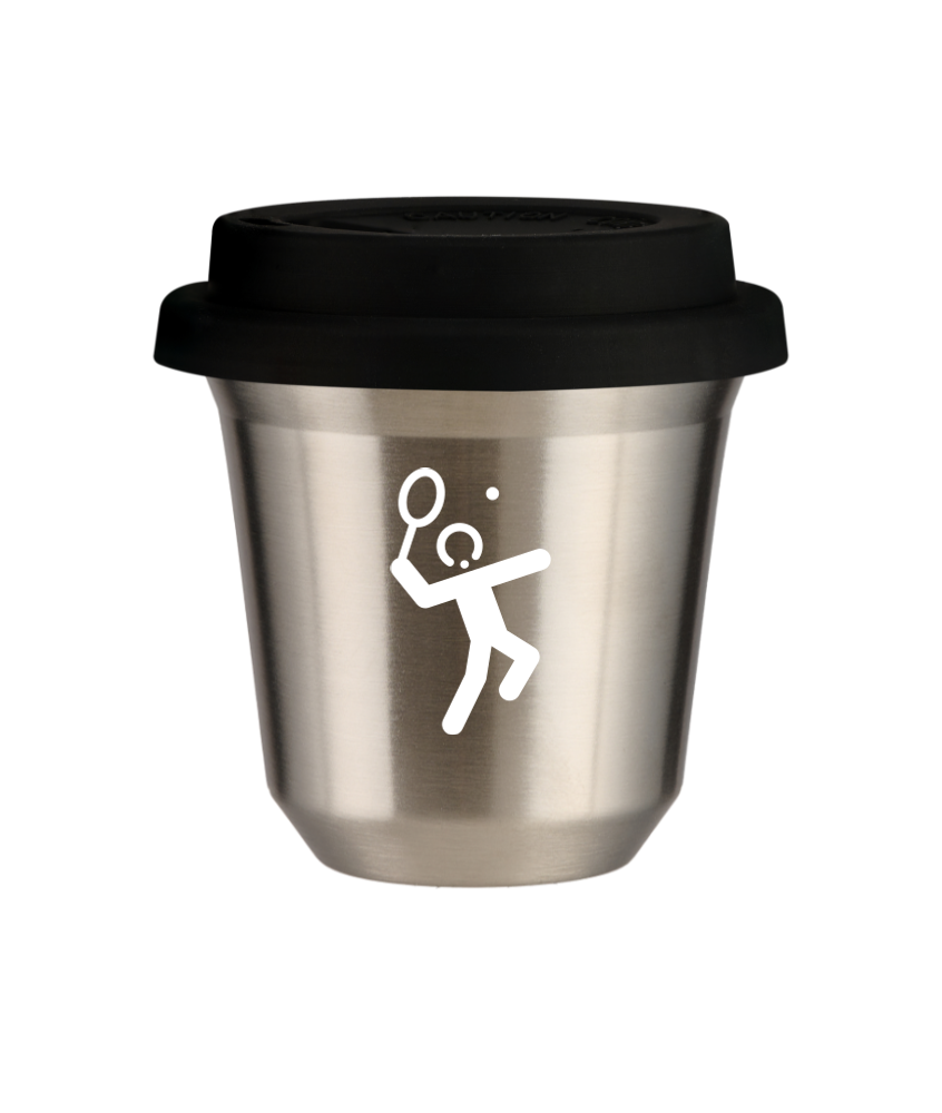 Tasse 80 ml ARGENT "Tennis 2 (blanc)", avec couvercle noir Tasse 80 ml ARGENT "Tennis 2 (blanc)", avec couvercle noir