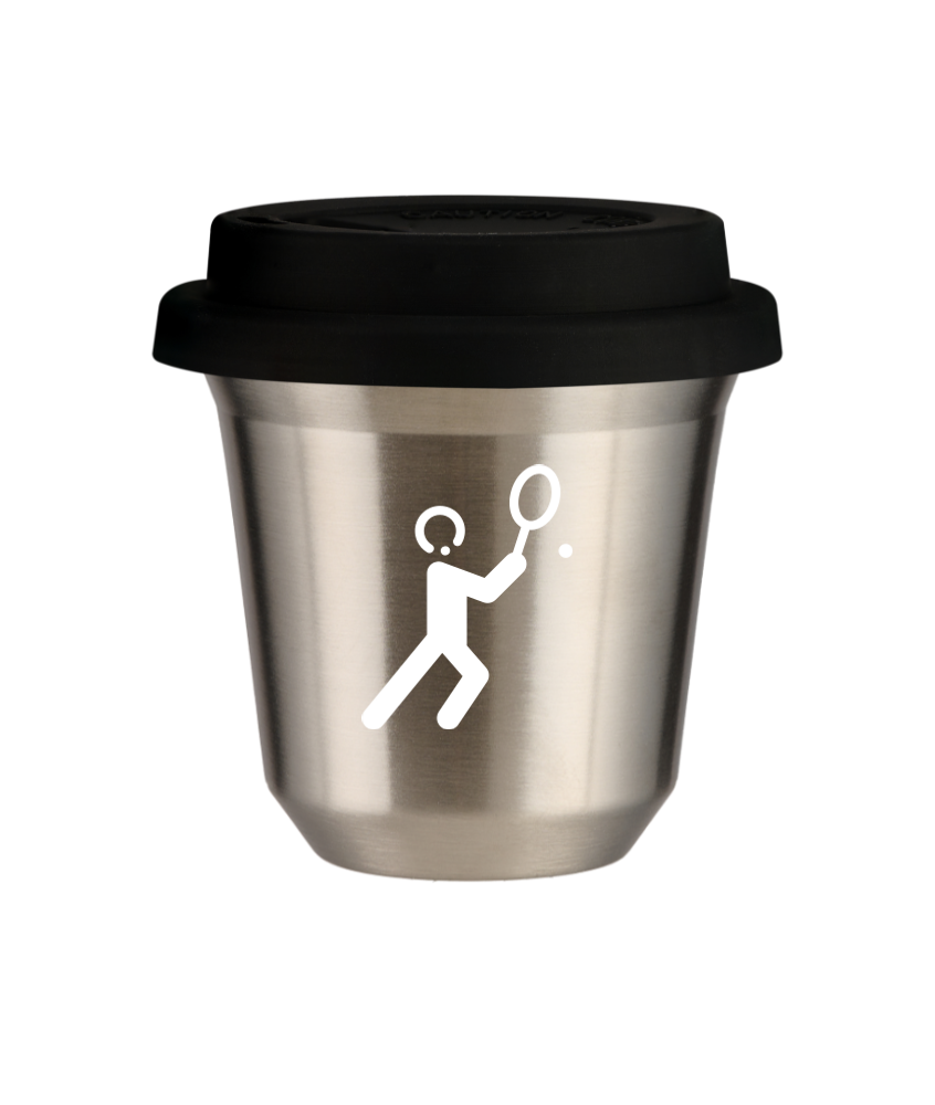 Tasse 240 ml ARGENT "Tennis 1 (blanc)", avec couvercle noir Tasse 240 ml ARGENT "Tennis 1 (blanc)", avec couvercle noir