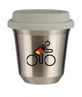 Tasse 240 ml ARGENT "Cycliste aux couleurs allemandes (noir)", avec couvercle blanc Tasse 240 ml ARGENT "Cycliste aux couleurs allemandes (noir)", avec couvercle blanc