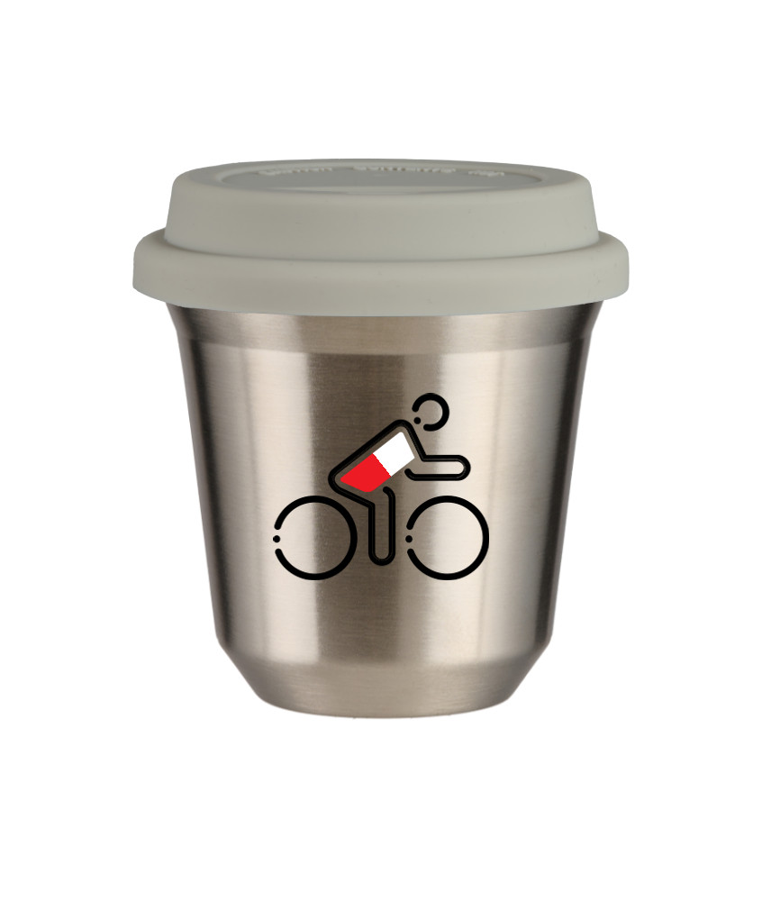 Tasse 240 ml ARGENT "Cycliste aux couleurs polonaises", avec couvercle blanc Tasse 240 ml ARGENT "Cycliste aux couleurs polonaises", avec couvercle blanc