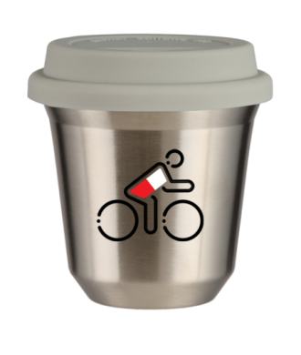 Tasse 240 ml ARGENT "Cycliste aux couleurs polonaises (noir)", avec couvercle blanc Tasse 240 ml ARGENT "Cycliste aux couleurs polonaises (noir)", avec couvercle blanc