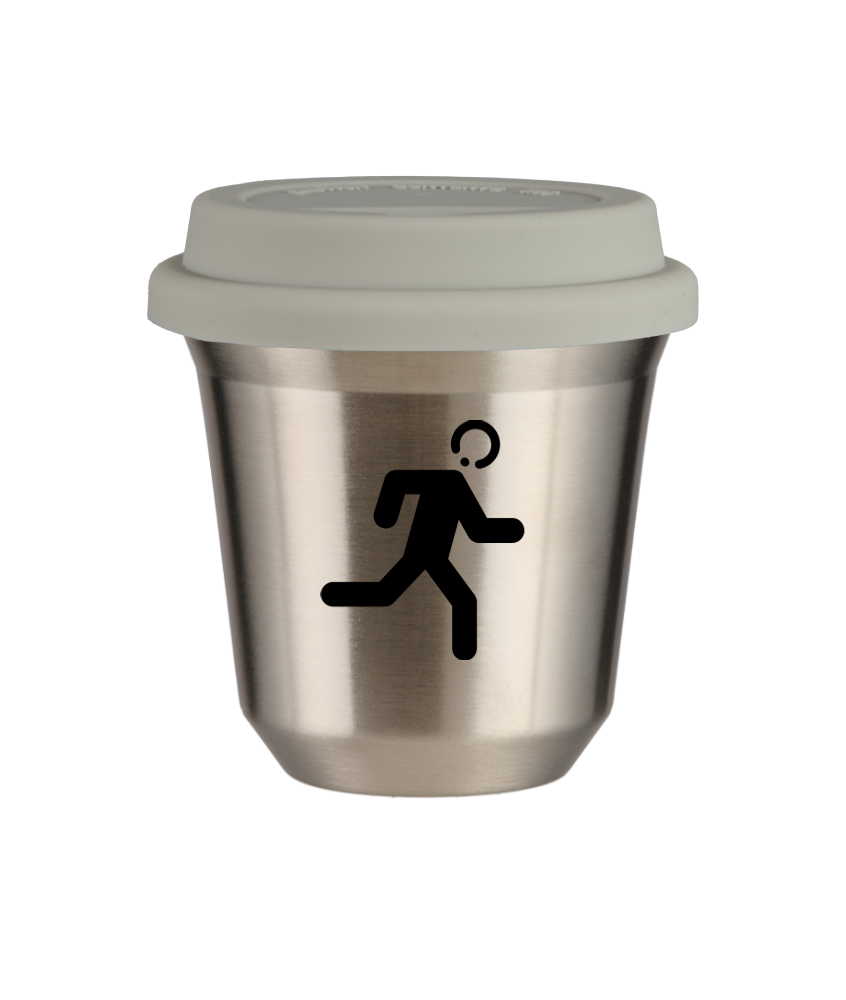Tasse 240 ml ARGENT "Coureur (noir)", avec couvercle blanc