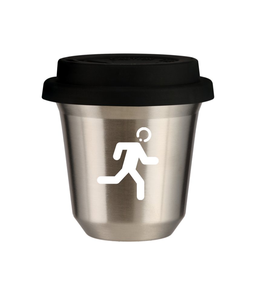 Tasse 240 ml ARGENT "Coureur (blanc)", avec couvercle noir Tasse 240 ml ARGENT "Coureur (blanc)", avec couvercle noir