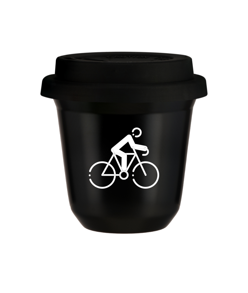 Tasse 80 ml NOIR "Cyclisme 3 (blanc)", avec couvercle noir