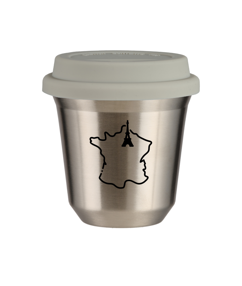 Tasse 240 ml ARGENT "France", avec couvercle blanc