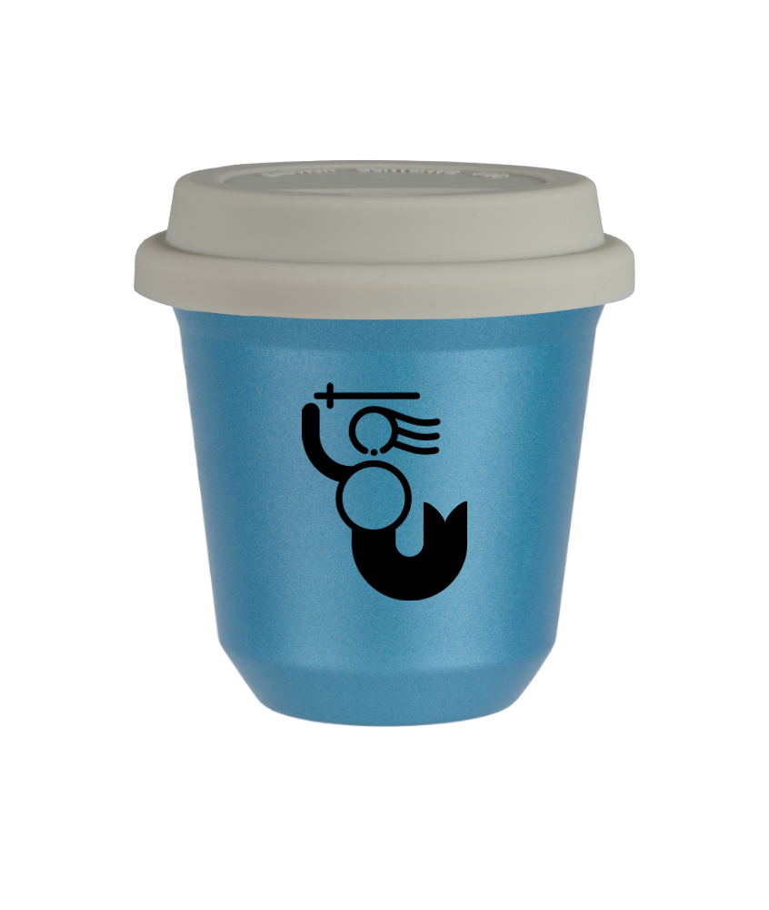 Tasse 240 ml BLEU CLAIR MÉTALLIQUE "WARSZAWSKA SYRENKA (noir)", avec couvercle blanc