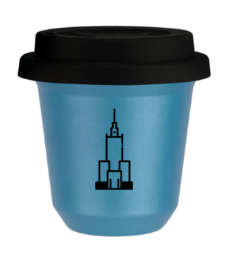 Tasse 240 ml BLEU CLAIR MÉTALLIQUE "Pałac kultury i nauki", avec couvercle noir Tasse 240 ml BLEU CLAIR MÉTALLIQUE "Pałac kultury i nauki", avec couvercle noir