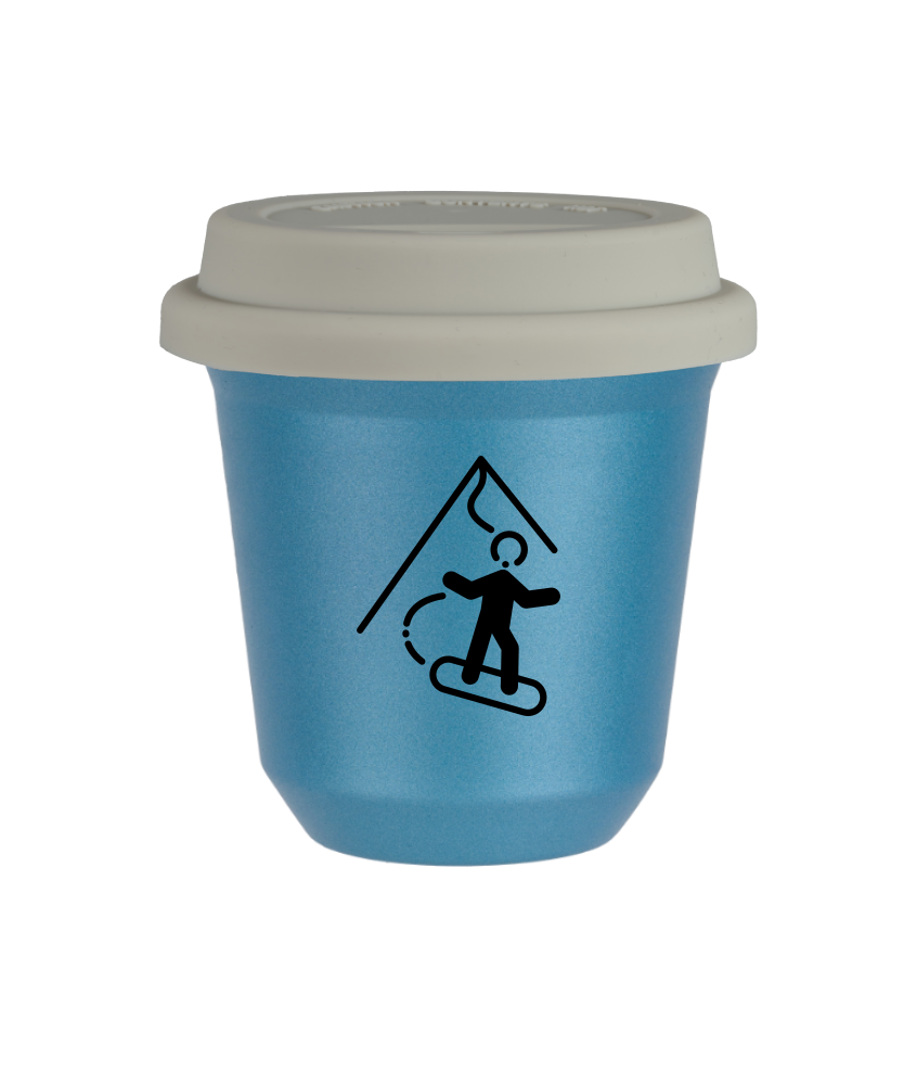 Tasse 240 ml BLEU CLAIR MÉTALLIQUE "Snowboard", avec couvercle blanc