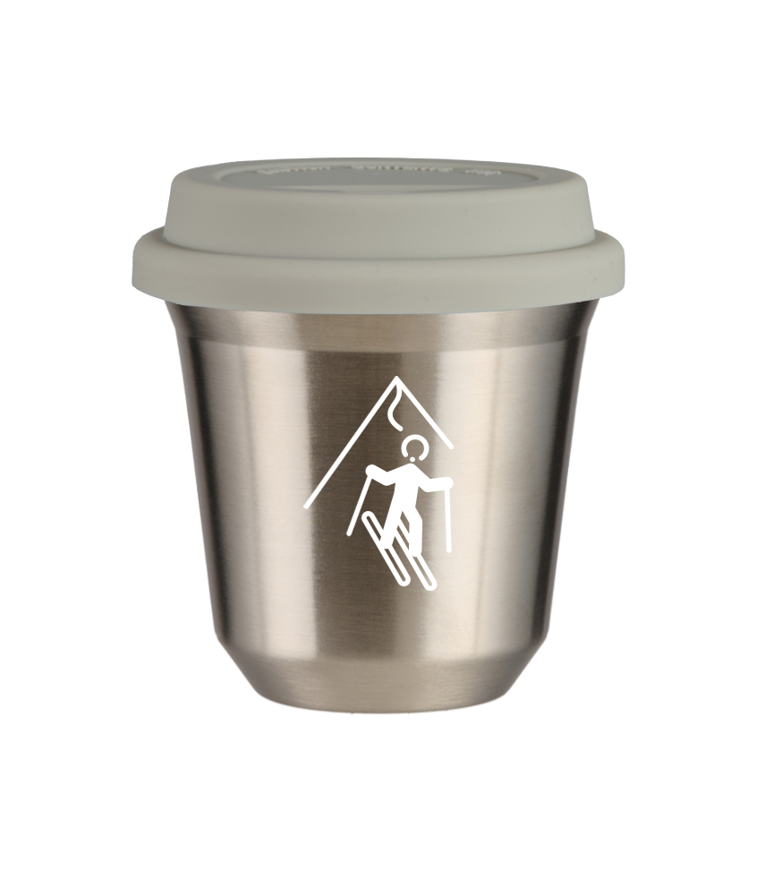 Tasse 80 ml ARGENT "Ski (blanc)", avec couvercle blanc