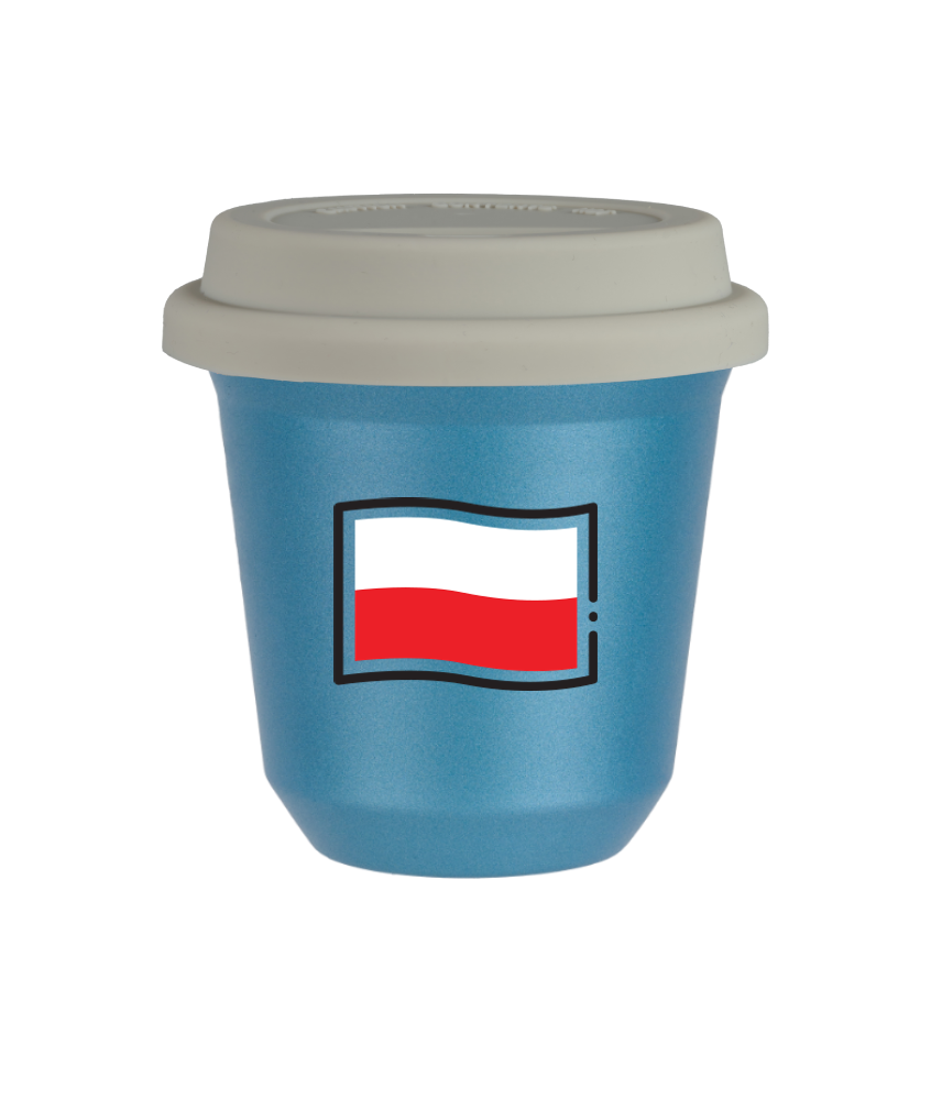 Tasse 240 ml BLEU CLAIR MÉTALLIQUE "Drapeau polonais", avec couvercle blanc