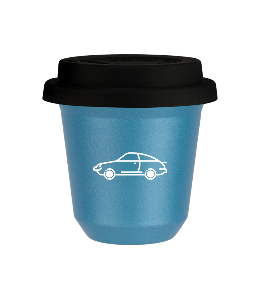 Tasse 240 ml BLEU CLAIR MÉTALLIQUE "Voiture (blanc)", avec couvercle noir