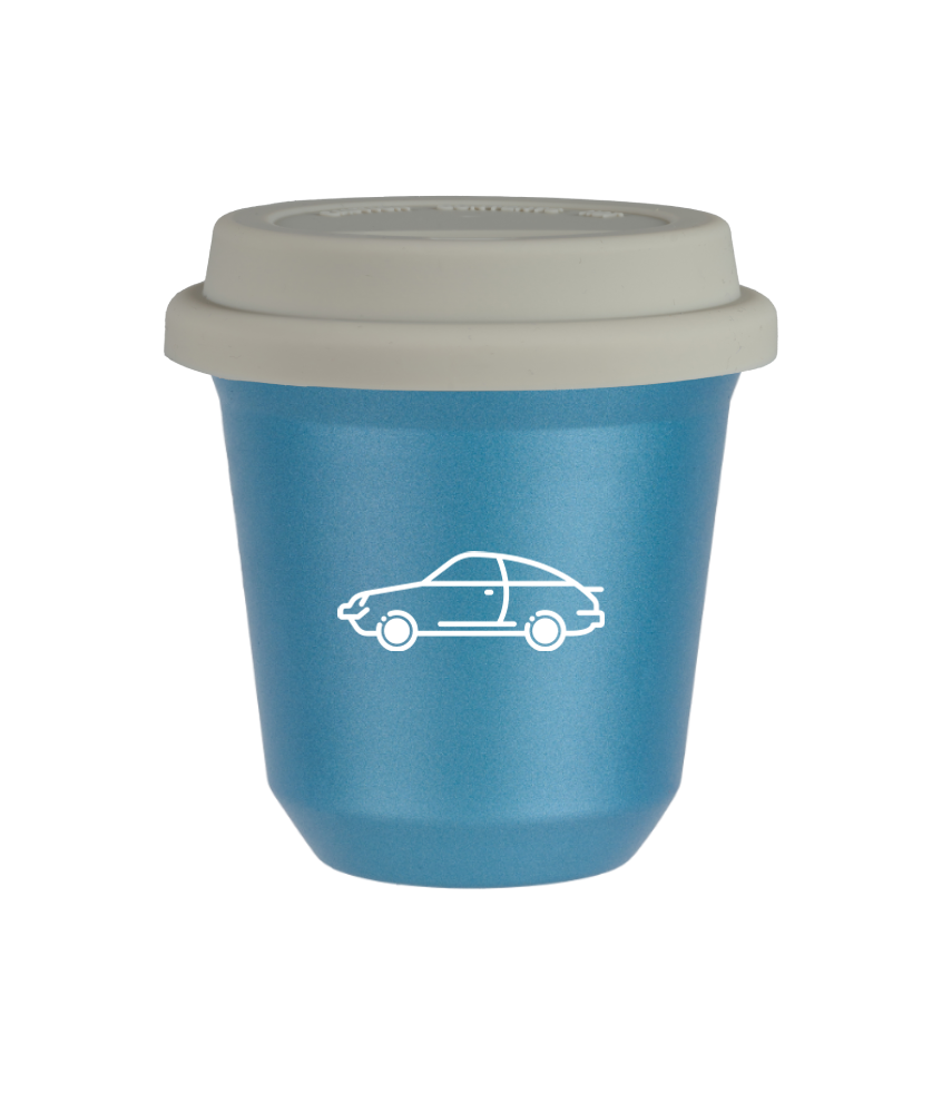 Tasse 240 ml BLEU CLAIR MÉTALLIQUE "Voiture (blanc)", avec couvercle blanc