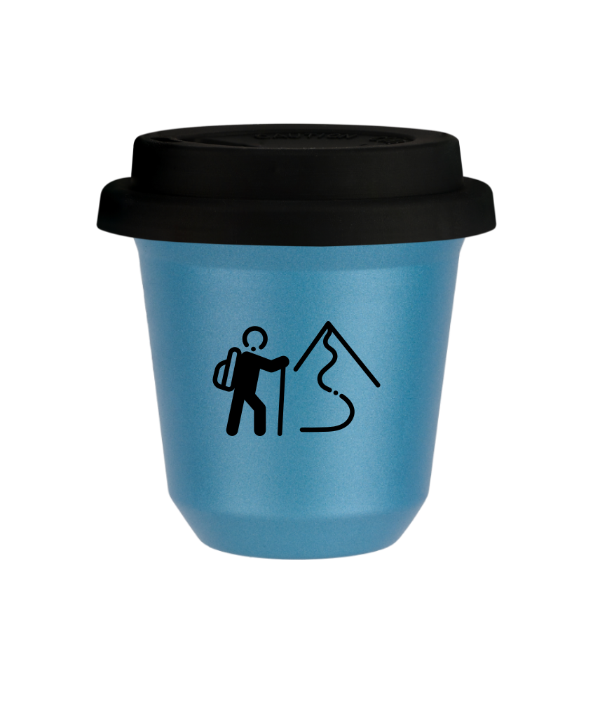 Tasse 240 ml BLEU CLAIR MÉTALLIQUE "Escalade 2 (noir)", avec couvercle noir Tasse 240 ml BLEU CLAIR MÉTALLIQUE "Escalade 2 (noir)", avec couvercle noir