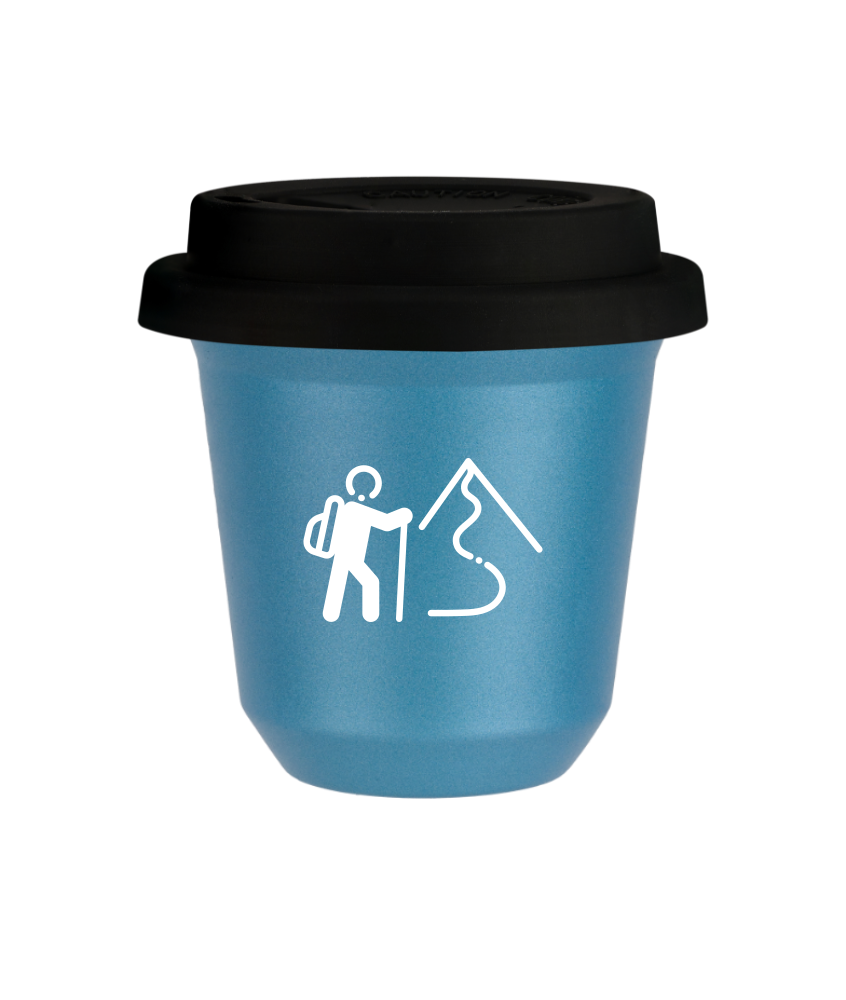 Tasse 240 ml BLEU CLAIR MÉTALLIQUE "Escalade 2 (blanc)", avec couvercle noir Tasse 240 ml BLEU CLAIR MÉTALLIQUE "Escalade 2 (blanc)", avec couvercle noir