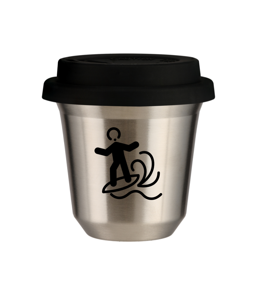Tasse 80 ml ARGENT "Planche à voile", avec couvercle noir