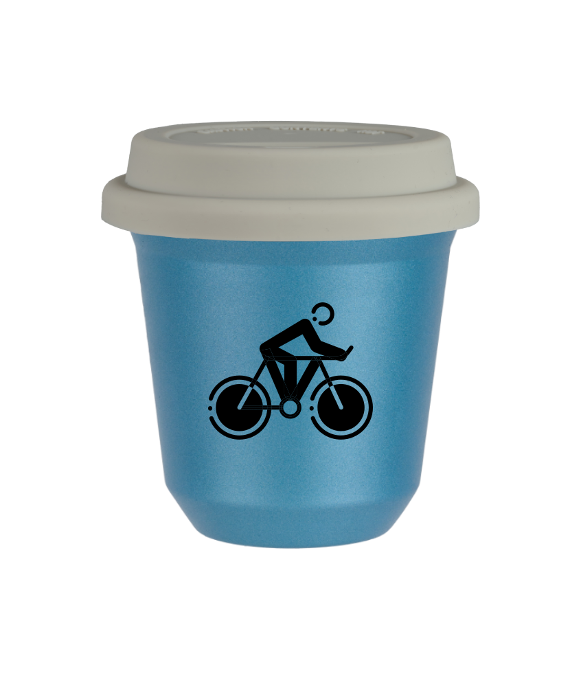 Tasse 240 ml BLEU CLAIR MÉTALLIQUE "Cyclisme 2 (noir)", avec couvercle blanc