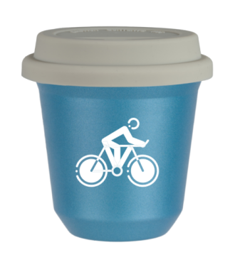 Tasse 240 ml BLEU CLAIR MÉTALLIQUE "Cyclisme 2 (blanc)", avec couvercle blanc Tasse 240 ml BLEU CLAIR MÉTALLIQUE "Cyclisme 2 (blanc)", avec couvercle blanc