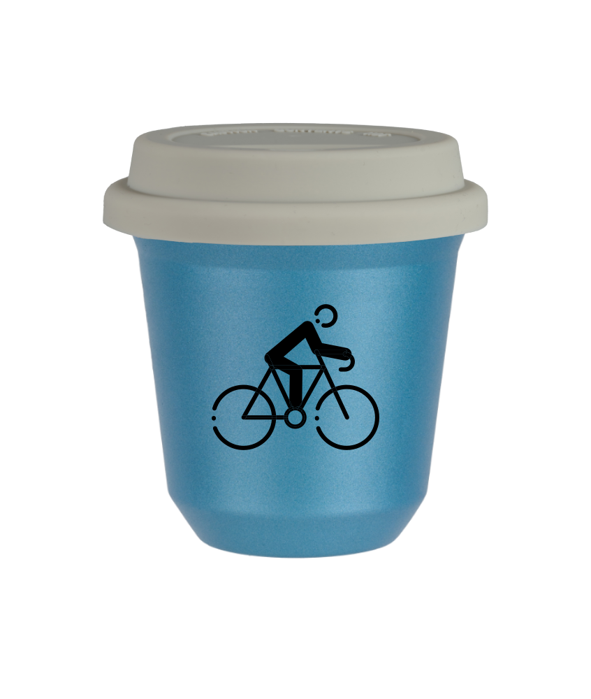 Tasse 240 ml BLEU CLAIR MÉTALLIQUE "Cyclisme 3", avec couvercle blanc