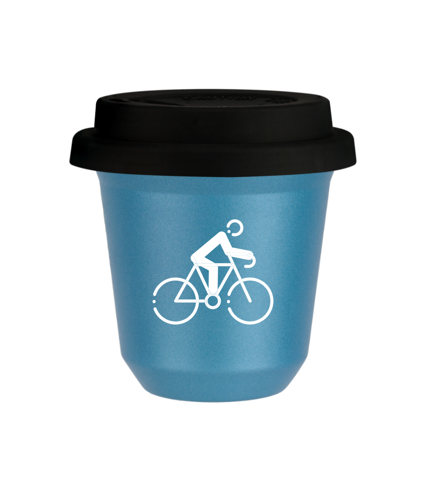 Tasse 240 ml BLEU CLAIR MÉTALLIQUE "Cyclisme 3 (blanc)", avec couvercle noir