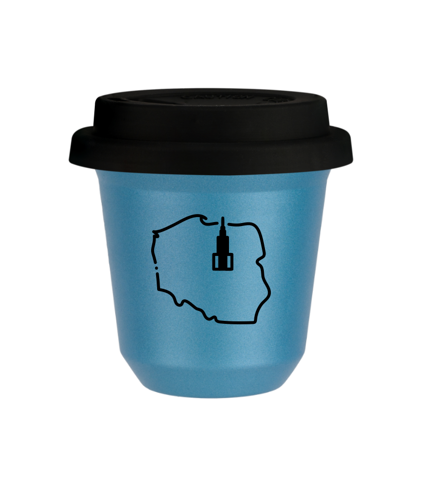 Tasse 240 ml BLEU CLAIR MÉTALLIQUE "Pologne (noir)", avec couvercle noir Tasse 240 ml BLEU CLAIR MÉTALLIQUE "Pologne (noir)", avec couvercle noir